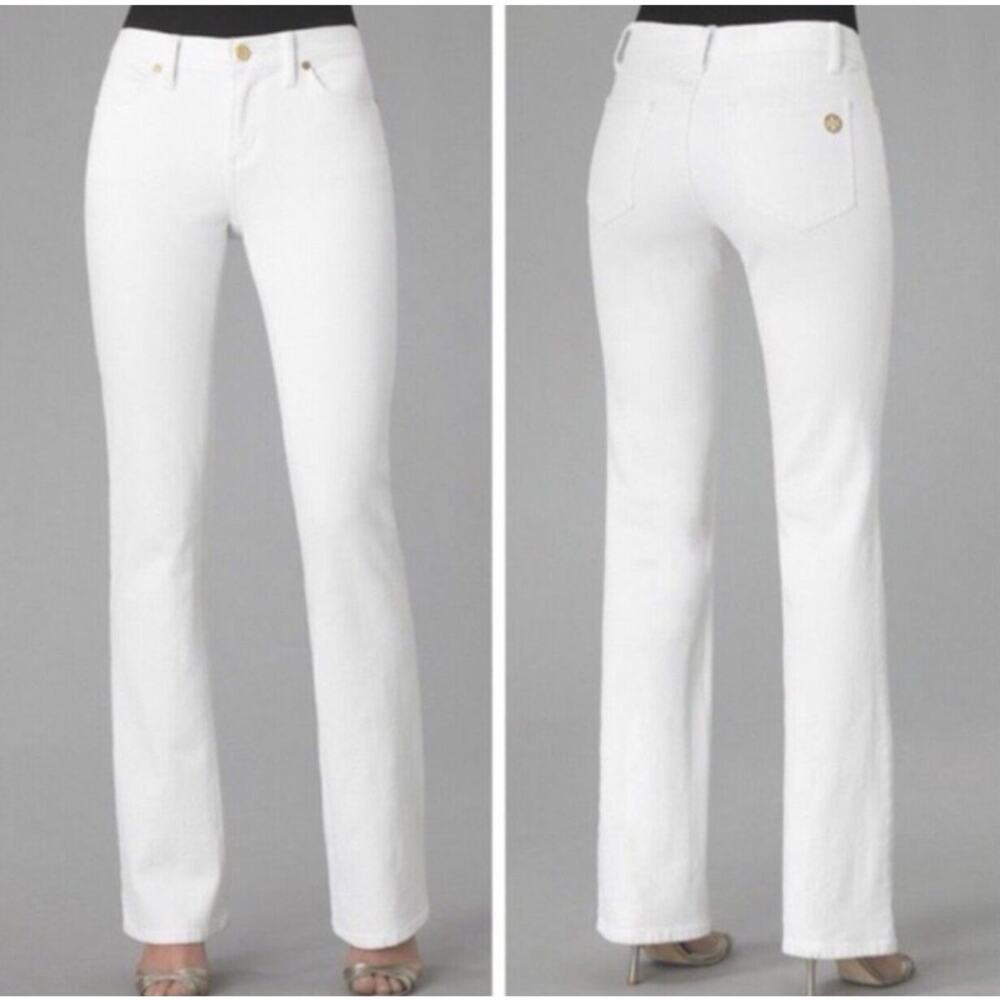 Tory Burch Classic Tory Boot Cut Jeans Gold Tone Logo Flare Leg Bootcut, White
